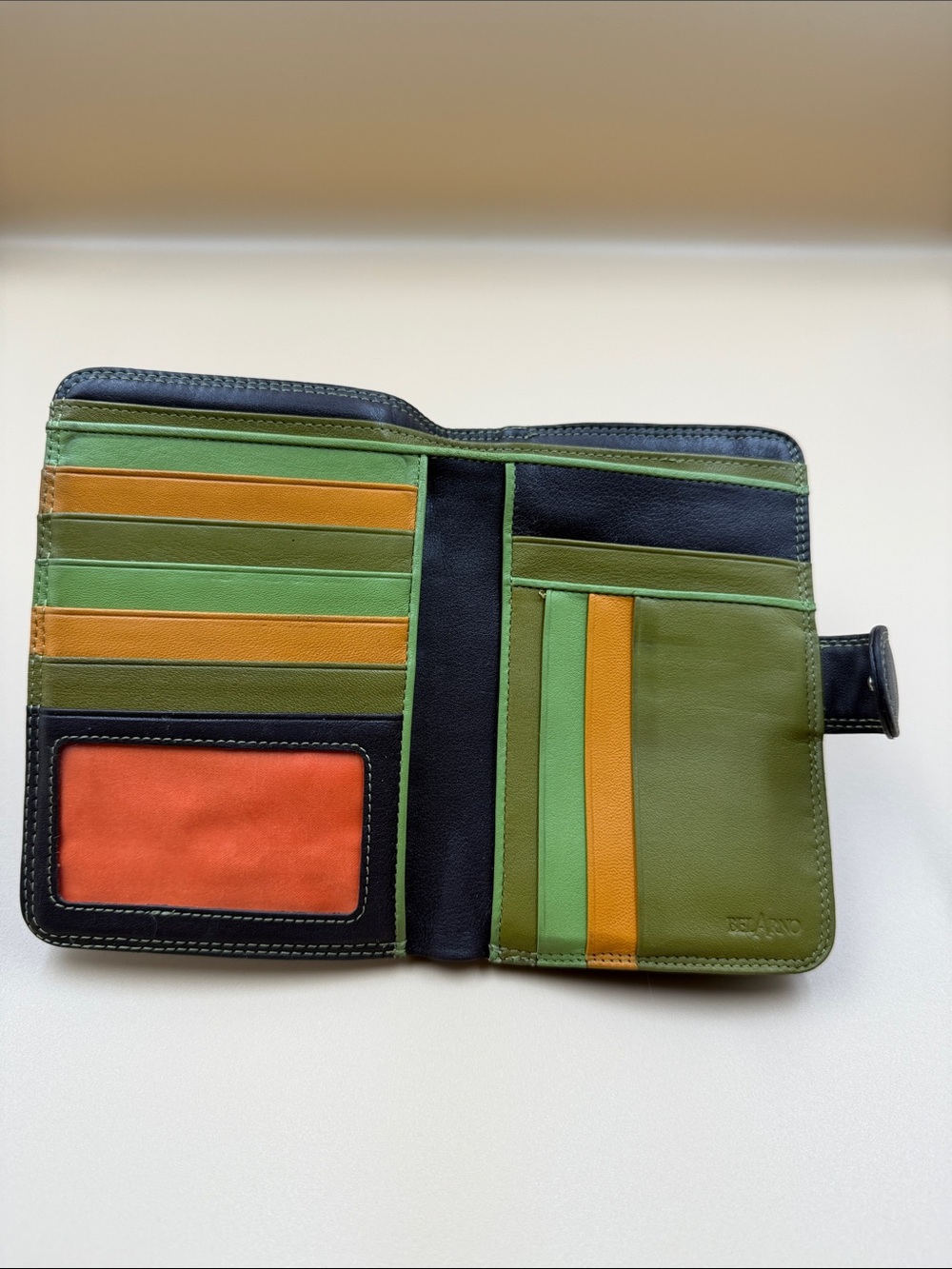 Belarno Colorblock Leather Wallet in Olive, Black & Orange